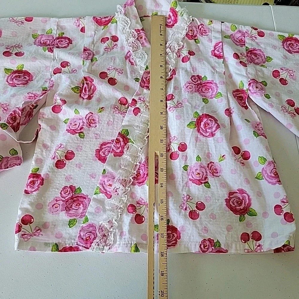 Yukata Girls 7-8 Kimono Top Rose Cherry Print Japanese Botanical Retro Summer‎